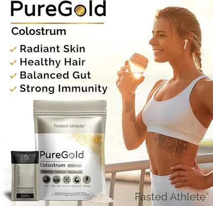 PureGold Colostrum | Premium Grass Fed | Supports Gut Health, Skin & Hair, Muscle Recovery, Bloating, Immunity | Colostrum Supplement Powder | Unflavored, 30 Serving Packets