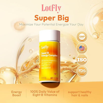 Vitamin B Complex with B1, B2, B3, B5, B6, B7, B9, B12 Taurine–Immune Support, Energy Metabolism and Nervous System – Super B Complex with Blood Orange Powder – 60 Tablets for Men & Women