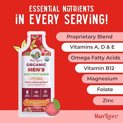 MaryRuth Organics Multivitamin for Men | USDA Organic | Sugar Free Mens Multivitamin Liposomal | Liquid Vitamins for Men | Immune Support Supplement & Overall Wellness | Vegan | 14-0.5 Fl Oz Pouches