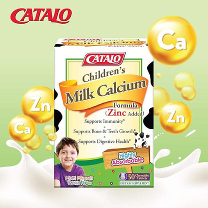 CATALO Toddler Children’s Milk Calcium Formula with Zinc Added - TruCal® Milk Calcium, Phosphorus, Magnesium, and Chelated Zinc - Vanilla Flavor, 100 Chewable Tablets