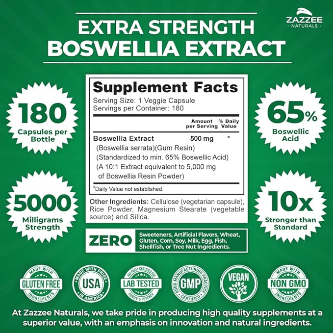 Zazzee Extra Strength Boswellia Serrata 10:1 Extract, 5000 mg Strength, 65% Boswellic Acid, 180 Vegan Capsules, 6 Month Supply, Standardized 10X High Potency, 100% Vegetarian, All-Natural, Non-GMO