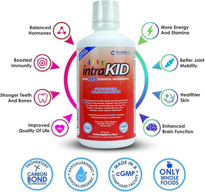 DRUCKER Labs 2.0 Organic Liquid Trace Minerals, Liquid Multivitamin for Kids, Immune Support, Non GMO, Dairy Free, Gluten Free, Magnesium, Vitamin D, C, E, Zinc, (32 oz., Fruity Raspberry)