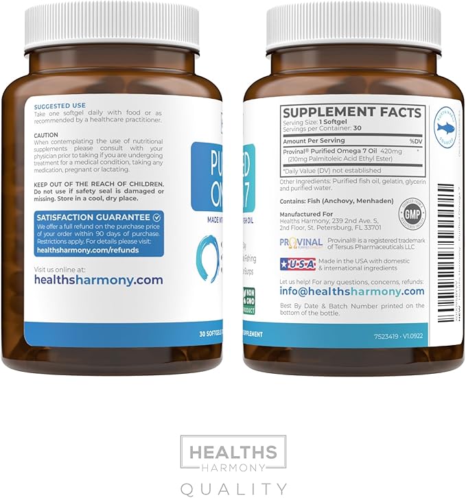Purified Omega 7 Softgels (1 Month Supply) More Omega 7 & Less Palmitic Acid Than Sea Buckthorn Oil - Provinal Sustainable Peruvian Anchovy Fish Oil Supplement - Non-GMO & Gluten Free - 30 Capsules