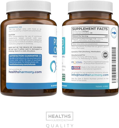 Purified Omega 7 Softgels (1 Month Supply) More Omega 7 & Less Palmitic Acid Than Sea Buckthorn Oil - Provinal Sustainable Peruvian Anchovy Fish Oil Supplement - Non-GMO & Gluten Free - 30 Capsules