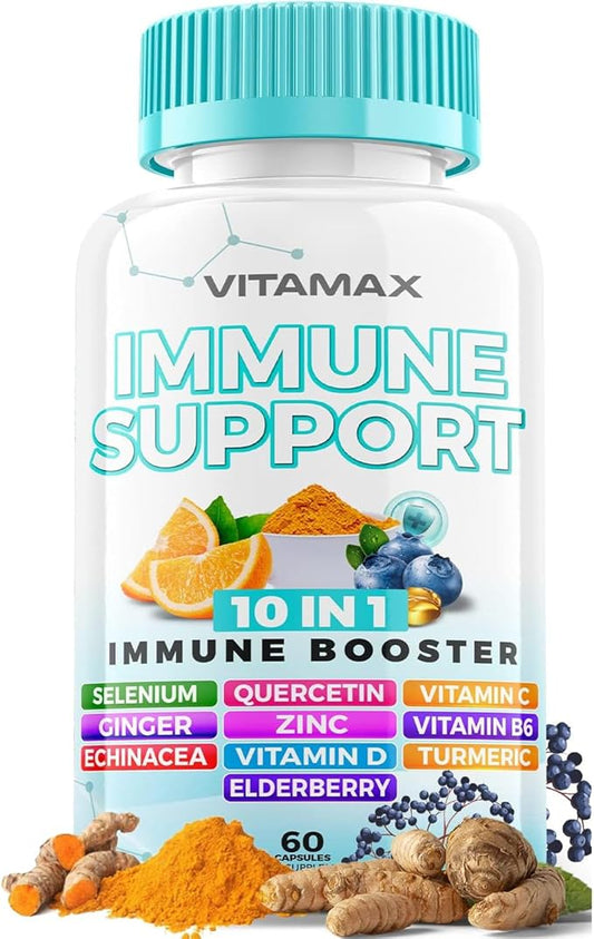 10-in-1 Immune System Support Booster with Elderberry, D3, Selenium, Quercetin, Zinc, Vitamin C, Ginger, Turmeric Curcumin, B6, Echinacea – Natural Immune Defense – Made in USA (60 Count (Pack of 1))