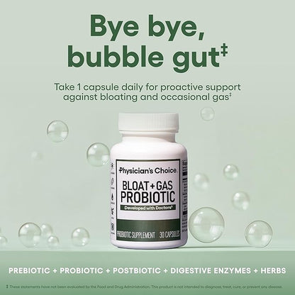 Physician's CHOICE Bloat & Gas Probiotic 5-in-1 Proactive Support + Daily Relief - Digestion & Gut Health- Herbals, Digestive Enzymes, Post & Prebiotics - Gas Relief for Adults - Women & Men - 30ct