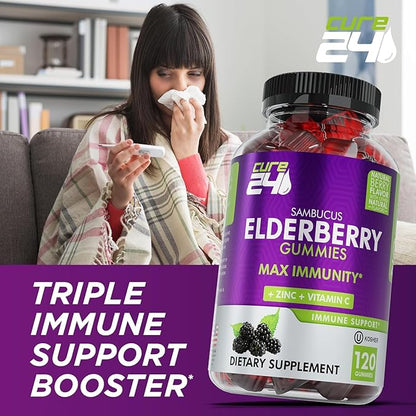 Sambucus Elderberry Gummies + Vitamin C + Zinc for Kids & Adults, X3 Immune Support, Natural Flavors + Ingredients, Vegan, Non-GMO, Made in USA (120)