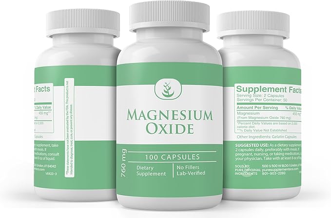 Pure Original Ingredients Magnesium Oxide, (100 Capsules) Always Pure, No Additives Or Fillers, Lab Verified