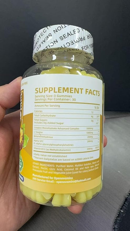 Creatine Monohydrate Gummies Complex for Men & Women -Advanced Formula W/L-Taurine + Vitamin B12, Sugar Free Chewable Supplement,90 Pineapple Gummies