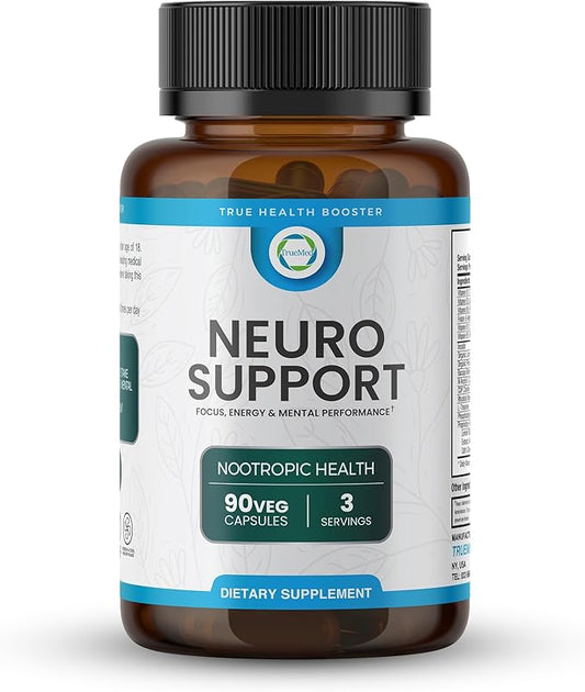 Neuro Support - Premium Nootropic Supplement for Focus, Energy, Mental Clarity, and Performance Organic Lion’s Mane, Bacopa Monnieri, Rhodiola, Non-GMO Gluten-Free CDP Choline 90 Veg Capsules