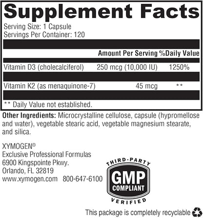 XYMOGEN K2-D3 10000 - Vitamin D3 K2 - Bioavailable Vitamin D 10,000 IU (Cholecalciferol) with Vitamin MK-7 - Heart, Arterial, Bone Health + Immune Support Supplement (120 Capsules)
