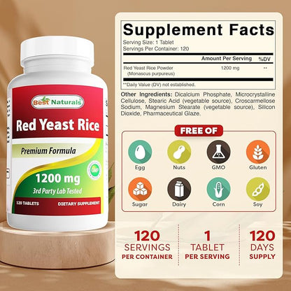 Best Naturals Red Yeast Rice 1200 mg (Non-GMO) 120 Tablets - Non Irradiated, Citrinin Free