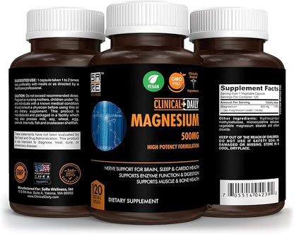 CLINICAL DAILY Pure Magnesium Citrate Capsules High Potency 500mg with Natural Magnesium Oxide. Vegan Magnesium Supplement for Women and Men Supports Rest, Enzyme and Nerve Function. 120 Ct 2 Months