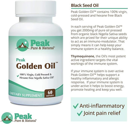 Peak Pure & Natural, Peak Golden Oil Cold Pressed Organic Black Seed Oil Supplement - Black Seed Oil for Digestive Health, Skin Nutrition, Joint Comfort - 60 Capsules