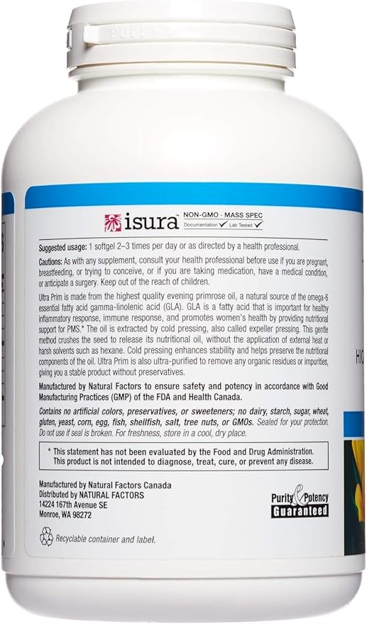Omega Factors by Natural Factors, Ultra Prim Evening Primrose Oil, Promotes Women's and Immune Health with Omega-6 GLA, 240 softgels (240 servings)