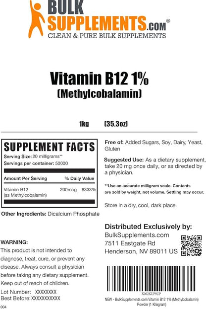 BulkSupplements.com Vitamin B12 Methylcobalamin Powder - 1% B12 Methylcobalamin, Essential B Vitamin - B12 Supplement, Gluten Free, 20mg per Serving, 5kg (11 lbs) (Pack of 1)