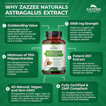 Zazzee Extra Strength Astragalus Root 20:1 Extract, 5000 mg Strength, 70% Polysaccharides, 180 Vegan Capsules, 6 Month Supply, 100% Vegetarian, Standardized and Concentrated 20X Extract, Non-GMO