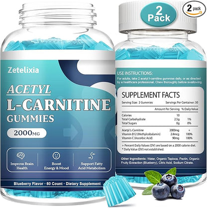 2 Pack Acetyl L-Carnitine Gummies, L-Carnitine Supplement for Women & Men, with Vitamin C & B12, ALCAR for Energy, Brain & Heart Health Support, Vegan, Non-GMO, Sugar Free, 120 Count