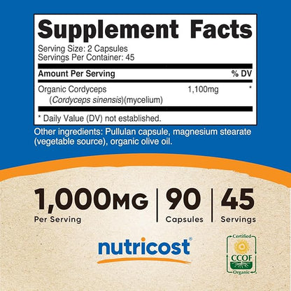 Nutricost Cordyceps Mushroom Capsules 1100mg, 45 Serv - CCOF Certified Made with Organic, Vegetarian, Gluten Free, 550mg Per Capsule (90 Capsules)