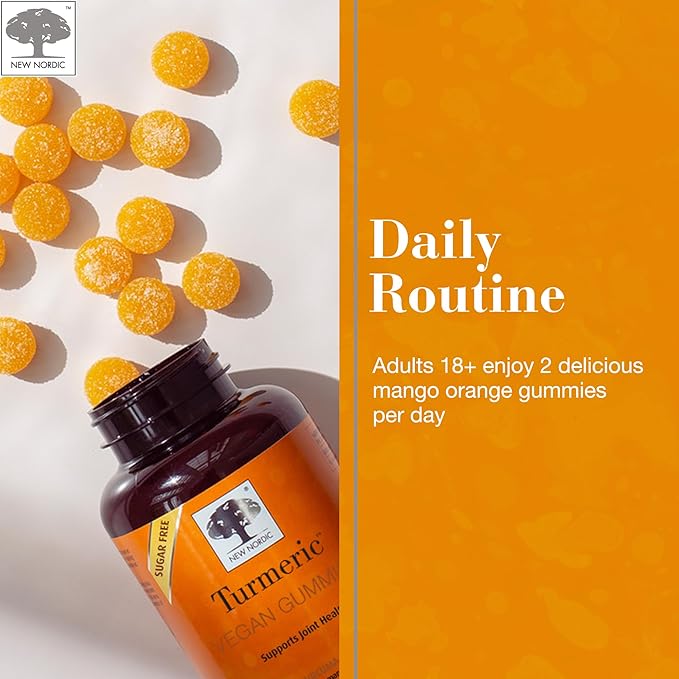 NEW NORDIC Turmeric Curcumin Gummies, Sugar Free, 300 mg Turmeric Supplement for Men and Women, Supports Normally Functioning Joints, Knees, Shoulders, Mango Orange, 60 Count