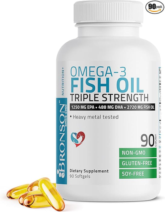 Bronson Omega 3 Fish Oil Triple Strength 2720 mg, High EPA 1250 mg DHA 488 mg, Non-GMO Heavy Metal Tested, 90 Softgels