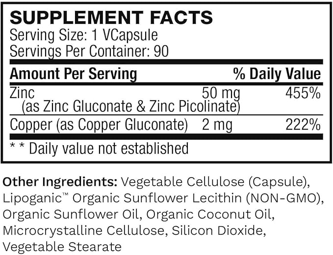 Liposomal Zinc Supplement with Copper | Pure Zinc Citrate Vitamins for Adults for Immune Support, 50mg, 90 Count (Pack of 2)
