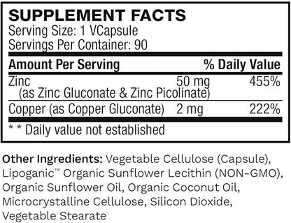 Liposomal Zinc Supplement with Copper | Pure Zinc Citrate Vitamins for Adults for Immune Support, 50mg, 90 Count (Pack of 2)
