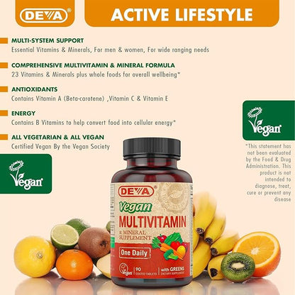 DEVA Vegan Multivitamin and Mineral Supplement - Once-Per-Day Formula with Greens - Vitamins A, C, D, E, B Complex, High-Potency Formulation for Daily Health and Wellness- 90 Coated Tablets, 1-Pack