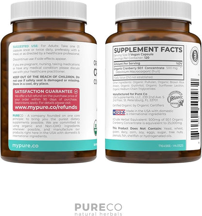 USDA Organic Cranberry Pills - 50:1 Concentrate Equals 25,000mg of Fresh Cranberries (Vegan) for Urinary Tract Health & Kidney Cleanse - Cranberry Pills for Women - UTI Support Supplement 120 Capsules