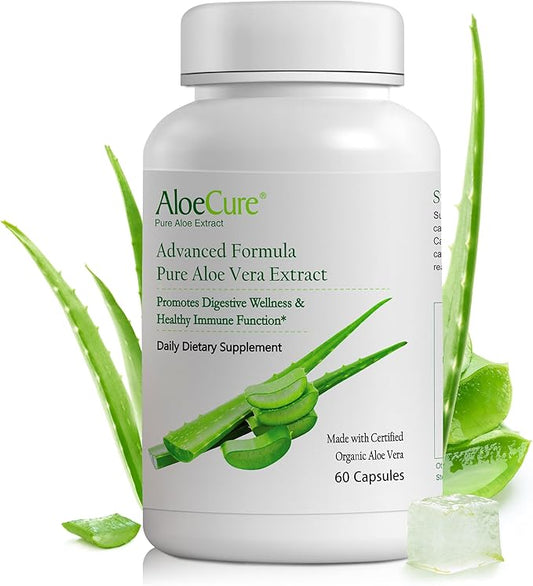 AloeCure Organic Aloe Vera Capsules, 130,000mg Inner Aloe Leaf Equivelant per Serving, Support Gut, Digestive, & Immune Health, Helps Maintain Balanced Stomach Acidity, Aloin Free, 60 Capsules