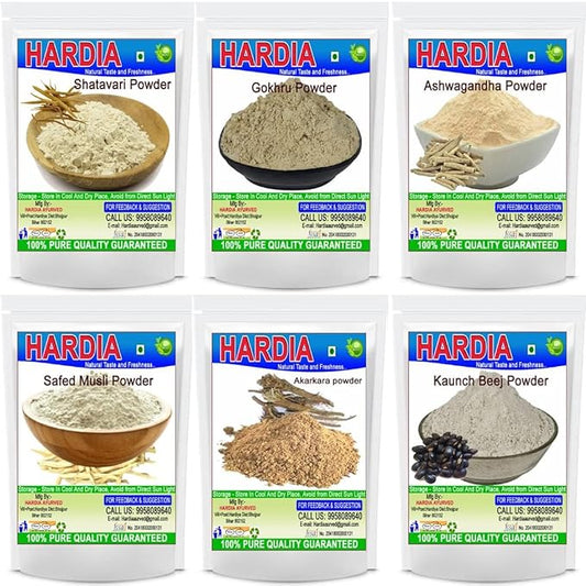 EXPORT STORE Ashwagandha, shatavari, safed musli, kaunch beej, gokhru, akarkara, Powder. (300gm combo pack 50gm each).