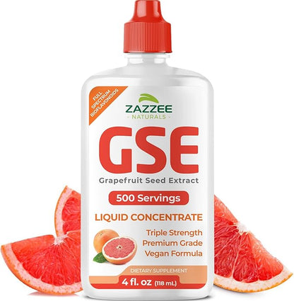 Zazzee GSE, 3X Triple Strength, 4 Ounces, 500 Servings, 300 mg per Serving, Premium Liquid Grapefruit Seed Extract Concentrate with Bioflavonoids, Vegan, Gluten Free, All-Natural, Made in The USA