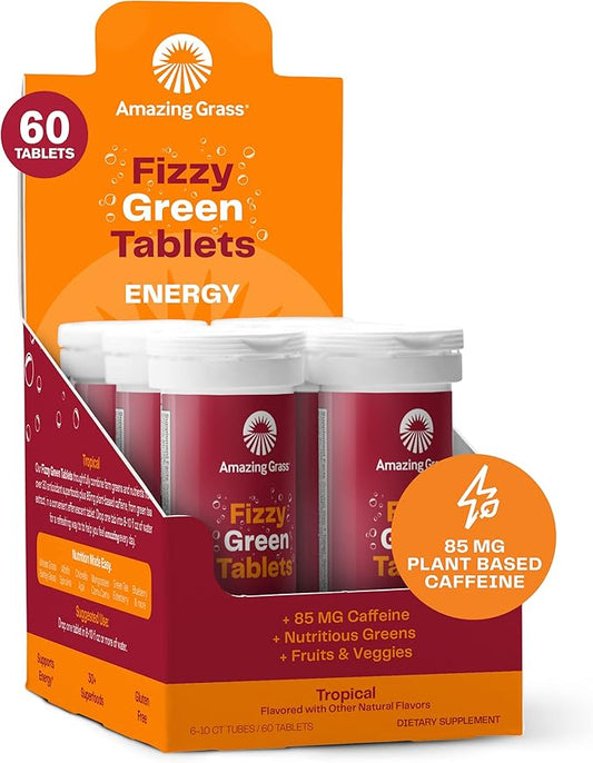 Amazing Grass Fizzy Green Tablets Energy Tropical: Greens + Green Tea Caffeine, Water Flavoring Tablet with Antioxidants, 60 Count