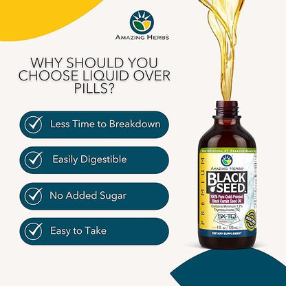 Amazing Herbs Premium Black Seed Oil - Gluten Free, Non GMO, Cold Pressed Nigella Sativa Aids in Digestive Health, Immune Support, Brain Function, Joint Mobility - 4 Fl Oz (Pack of 2)