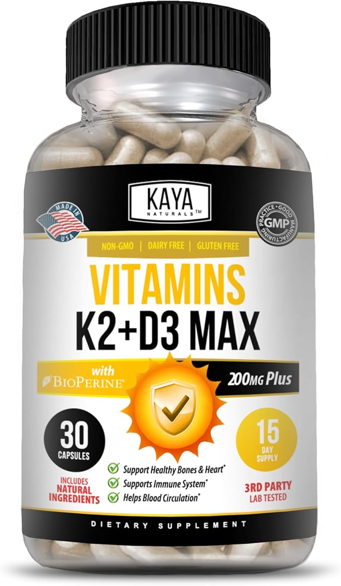 Kaya Naturals Vitamins K2 with D3 5000IU Supplement for Men and Women - Easy to Swallow - Bioperine Capsules (30 Count (Pack of 1)