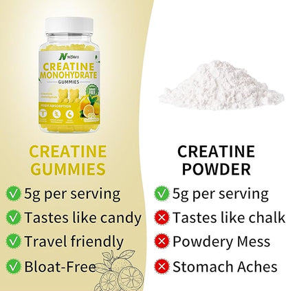 Creatine Monohydrate Gummies 5000mg for Men & Women, Chewables Creatine Monohydrate for Muscle Strength, Muscle Builder, Energy Boost, Pre-Workout Supplement-90 Lemon Gummies