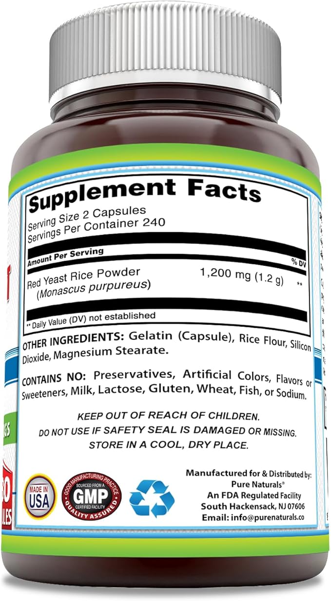 Pure Naturals Red Yeast Rice 1200 Mg per Serving, Capsules Supplement | Non-GMO | Gluten Free | Made in USA (480 Count)