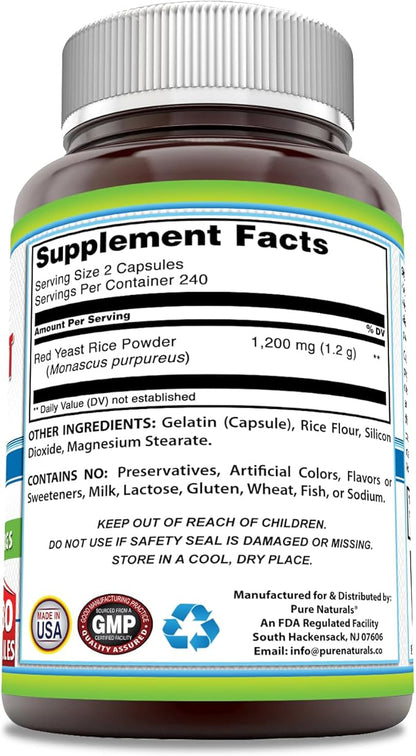 Pure Naturals Red Yeast Rice 1200 Mg per Serving, Capsules Supplement | Non-GMO | Gluten Free | Made in USA (480 Count)
