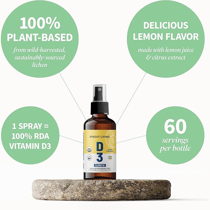 Sprout Living Organic Vitamin D3 5000 IU (Lichen) Spray for Immune Support & Bone Health | Trace Minerals with Real Lemon & Citrus Extract, Sugar Free (2 FL OZ, 60 Servings)