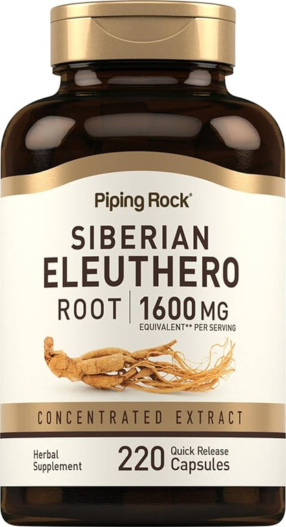Piping Rock Siberian Eleuthero Root Capsules 1600mg | 220 Count | Concentrated Herbal Extract | Non-GMO, Gluten Free Supplement