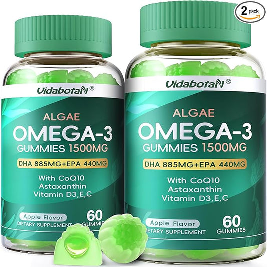 2 Pack Vegan Omega 3 Gummies 1500mg, Algae Omega 3 Supplements DHA 885mg & EPA 440mg, with Coq 10,Vitamin E,C,D3 for Brain,Eye Support, Fish Oil Supplements Alternative, Sugar Free, 120 Counts