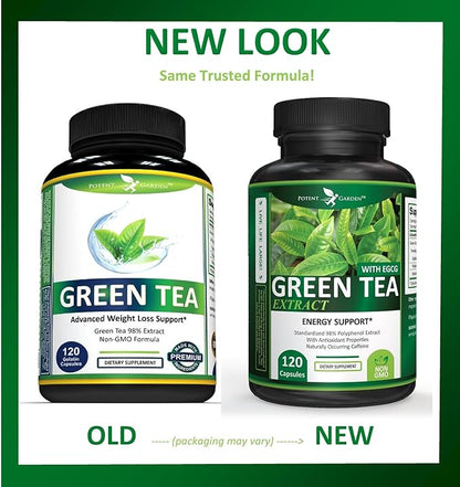 Potent Garden Green Tea Extract with EGCG Natural Energy, Mental Focus, Immune Support, Antioxidant and Healthy Heart Formula, Non-GMO 120 Green Tea Extract Capsules