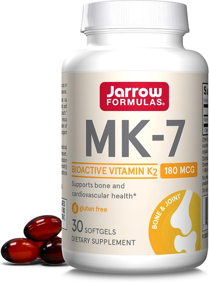 Jarrow Formulas® MK-7 180 mcg, Bioactive Form of Vitamin K2 For Bone and Cardiovascular Health, Vitamin K2 MK-7 Dietary Supplement, 30 Softgels, 30 Day Supply