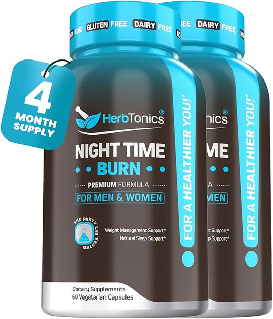 Herbtonics Night Time Supplement with Melatonin to Support Sleep & Metabolism | Melatonin & L-Theanine for Women and Men | Non-GMO, 120 Vegan Friendly Capsules