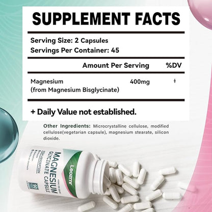 Magnesium Glycinate 400 MG per Serving 100% Chelated for High Absorption, Gentle On Stomach, Non-GMO, 90 Vegetarian Capsules