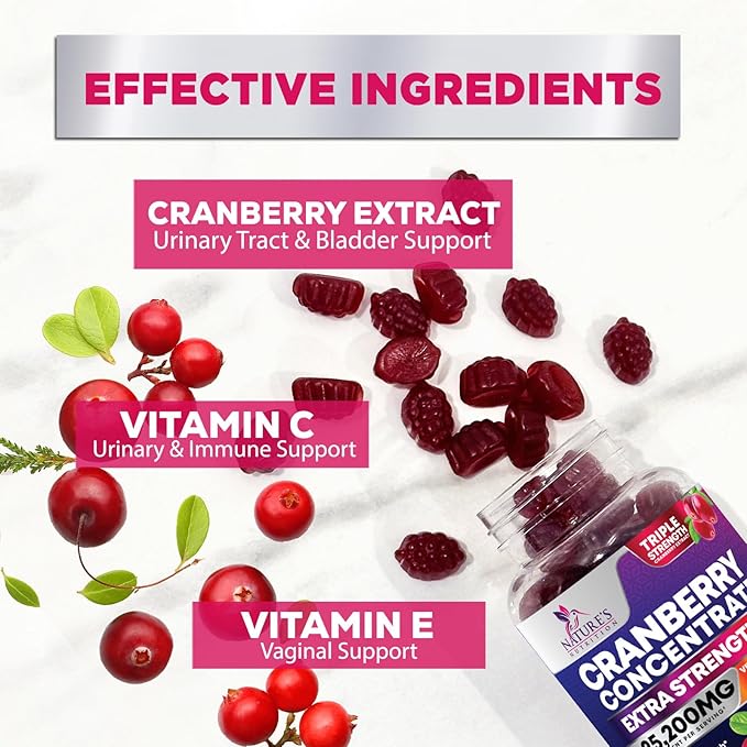 Cranberry Supplement Gummies + Vitamin C - Made with 25,000mg 50:1 Cranberry Extract to Help Cleanse and Protect The Urinary Tract, Nature's Chewable Cranberry Pills for Women, Non-GMO - 60 Gummies