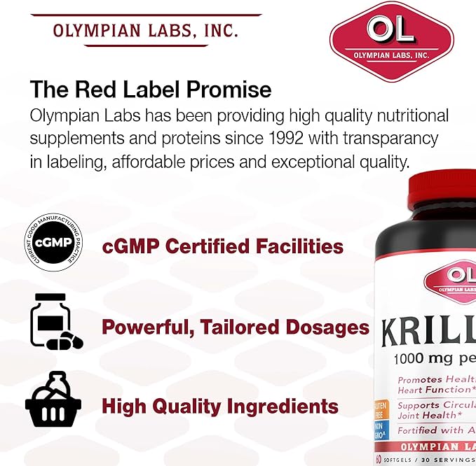 Olympian Labs Antarctic Krill Oil, 1000mg Caps with Astaxanthin, Omega-3, EPA, DHA, Immune, Joint & Brain Support, 60 Softgels