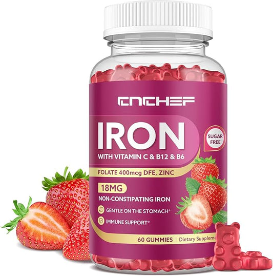 Iron Supplement for Women & Men Gummies, Multivitamin Blood Builder Iron Supplement with Folate Vitamin C B12 B6 Zinc for Adults & Kids - Energy Support - Strawberry Flavor, Vegan 60 Gummies