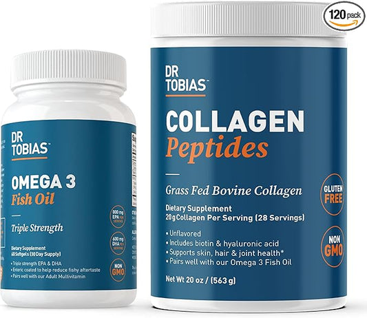 Dr. Tobias Omega 3 Fish Oil & Collagen Peptide Supplements, Supports Heart, Brain, Bone, Joint & Immune System, Promotes Hair, Skin, Nail Health and Beauty