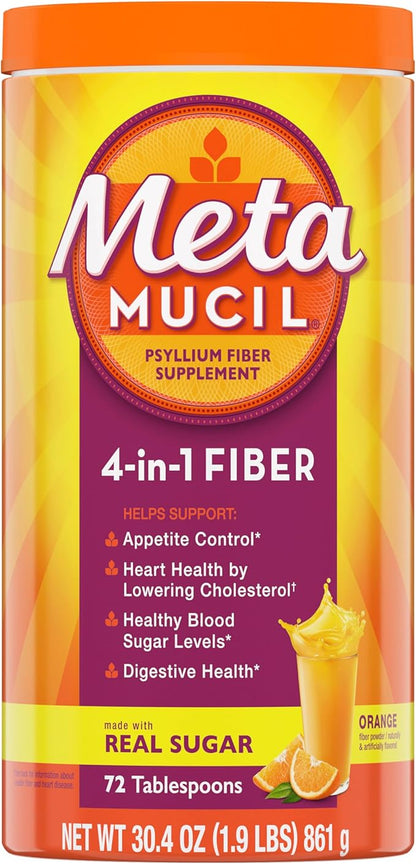 Metamucil Fiber, 4-in-1 Psyllium Fiber Supplement Powder with Real Sugar, Orange Smooth Flavored Drink, 72 Servings (Packaging May Vary), Coarse Texture, 1.9 Pound (Pack of 1)